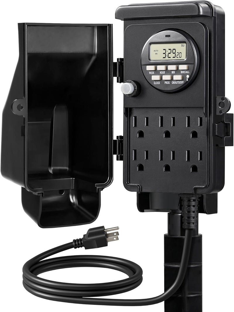 DEWENWILS Outdoor Digital Power Strip Timer, Multi Sockets, Waterproof 6 Outlets Garden Power Stake, 6ft Cord, Outdoor Timer for Christmas Lights, Yard, Garden, 15A Heavy Duty - Image 1